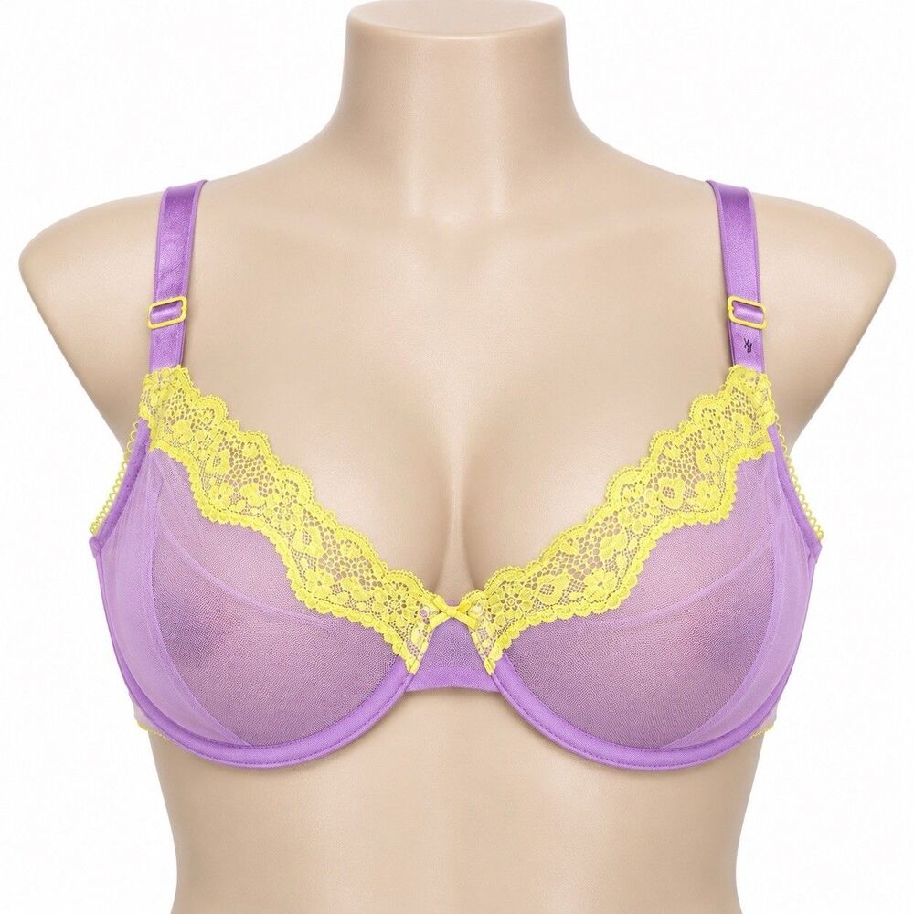 Victoria’s Secret Tease Bra 36DD Lavender Yellow Lace Unlined Coquette NWT